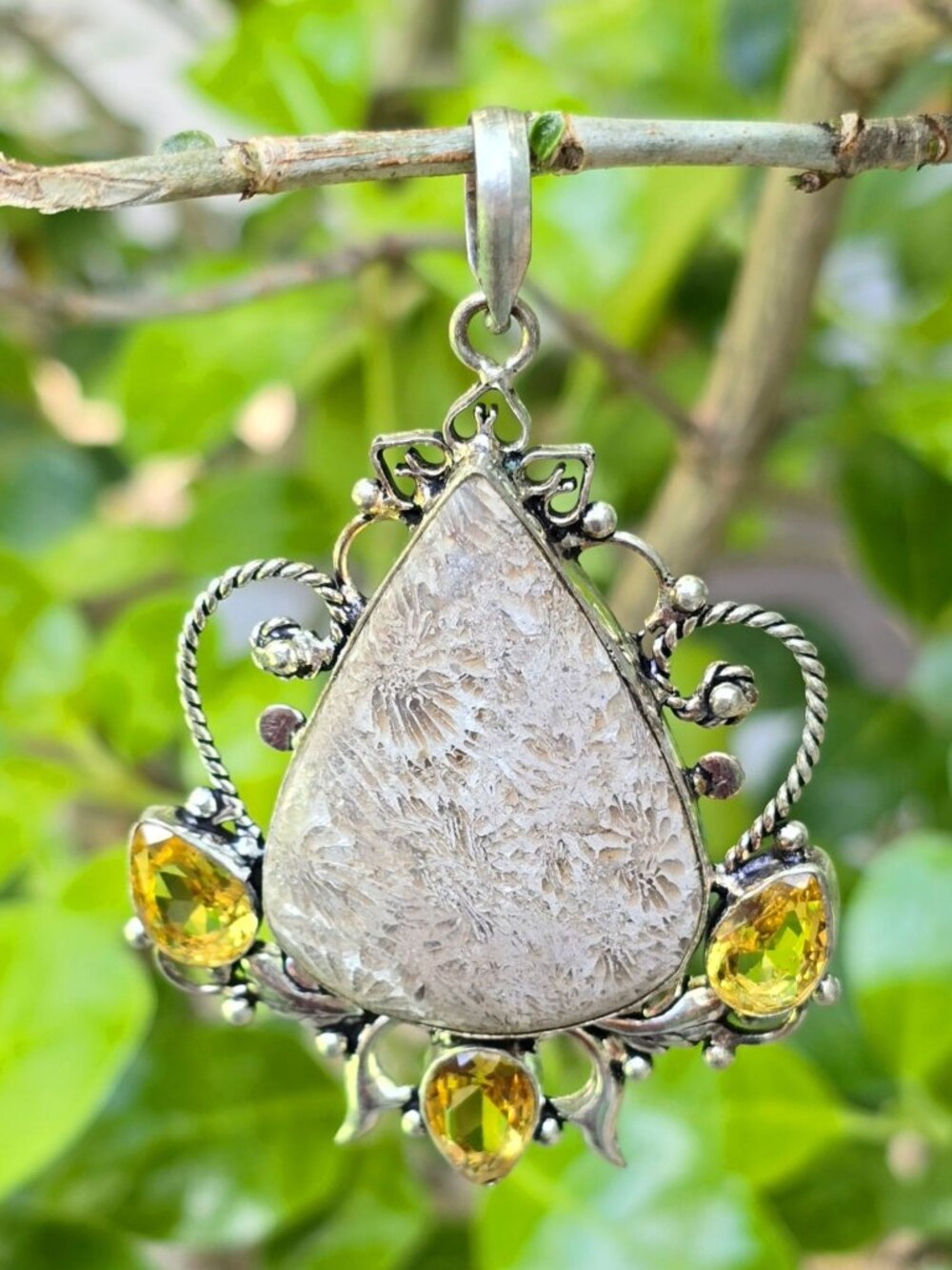 Artisan Fossil Coral Citrine Sterling Silver Pendant Gothic Victorian Gem NWOT